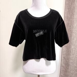 Vintage Sonia Rykiel Paris Velvet Cropped T-Shirt S Black Designer Rhinestone